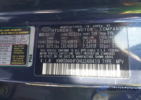 2017 Hyundai Santa Fe Se из США, поврежденный, VIN KM8SN4HF0HU248419